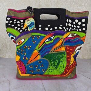 Laurel Burch Large Colorful Bird Tote Bag Canvas Bird Tag Flat Bottom Beach